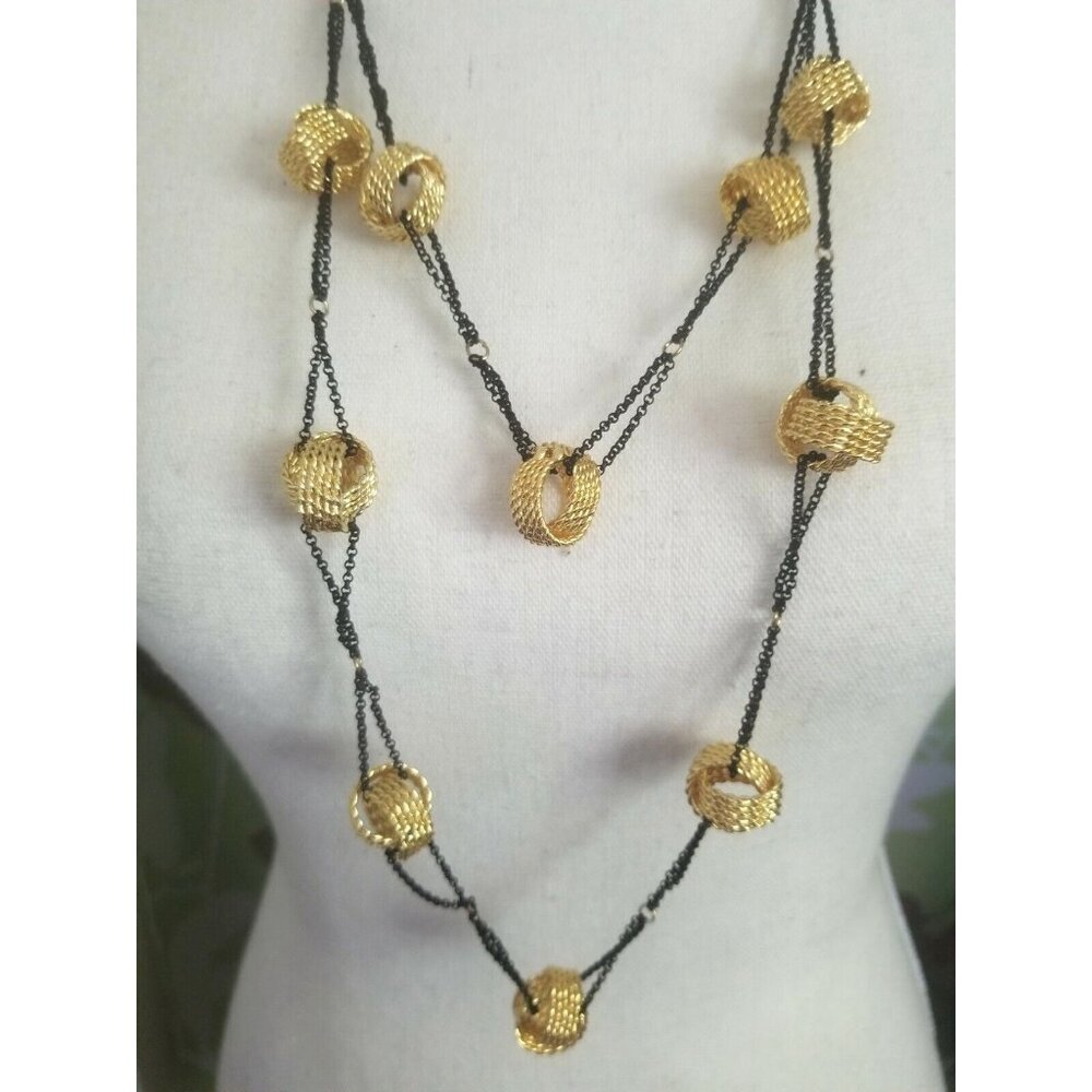 Gold Knots Necklace Amrita Singh Centehue Double Strand Black Chain Signed